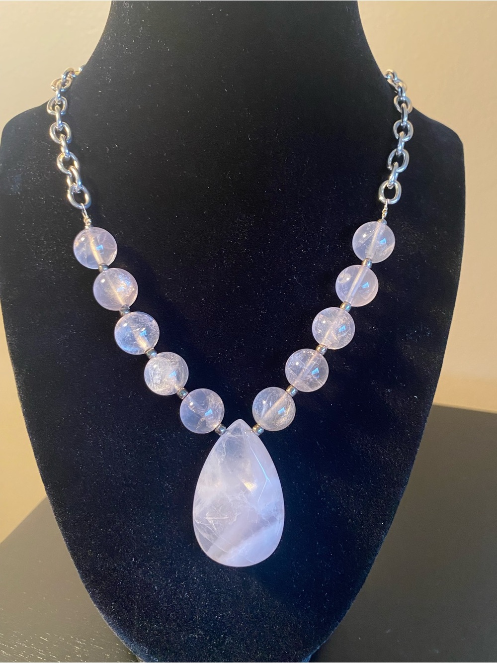 Rose Quartz Teardrop Pendant Necklace - Pink Beaded Statement